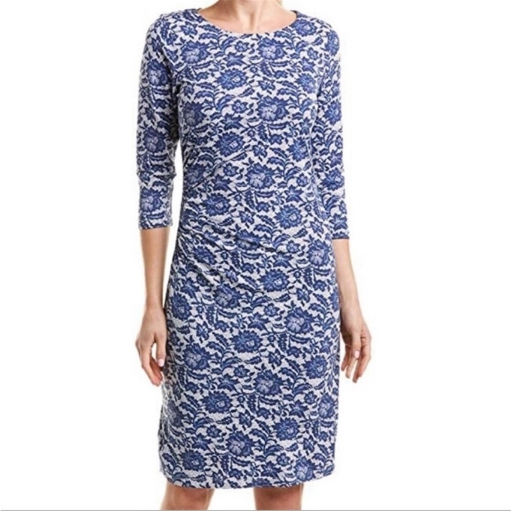 J. McLaughlin Sage 3/4 Sleeve Catalina Cloth Dress Side Ruched Navy Lace Print S